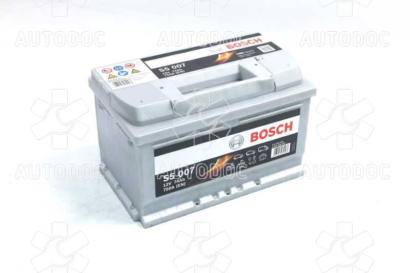 Аккумулятор   74Ah-12v BOSCH (S5007) (278x175x175),R,EN750. Фото 1